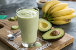 Vitamina de abacate com banana cremosa e verde-clara em copo alto, toppada com sementes, receita saudável brasileira.