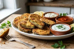 Berinjela empanada crocante dourada servida com molhos