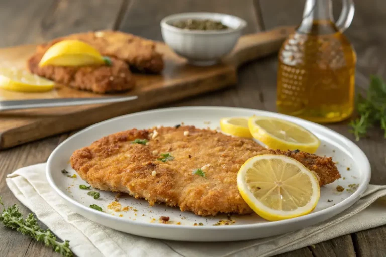 Bisteca de porco à milanesa dourada e crocante, servida com acompanhamento fresco