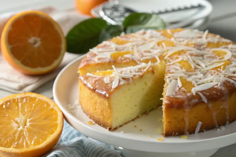 Bolo de laranja e coco light fofinho com calda cítrica brilhante e coco ralado branco, sobremesa fitness amarela em fatias suculentas.