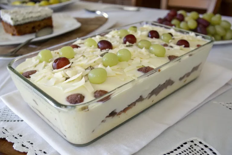 Bombom de uva na travessa com camadas de ganache de chocolate, brigadeiro branco e uvas frescas