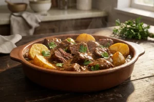 Carne de panela com batatas e molho encorpado servida quente