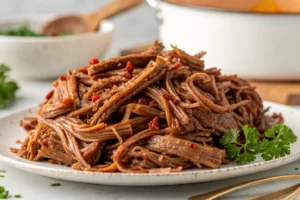 Carne de panela desfiada, macia e suculenta, servida com molho de legumes em prato branco.