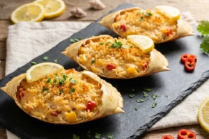 Três casquinhas de siri tradicionais gratinadas com farofa dourada de parmesão, recheio cremoso alaranjado com pedaços de pimentão visíveis e salsinha picada por cima, dispostas sobre ardósia escura.