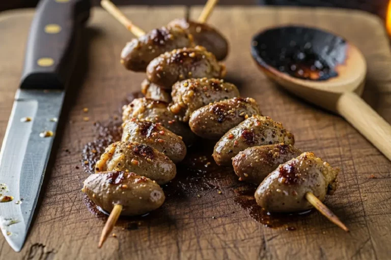 Churrasco de coração de galinha suculento grelhado na brasa, com temperos aromáticos e visual apetitoso.