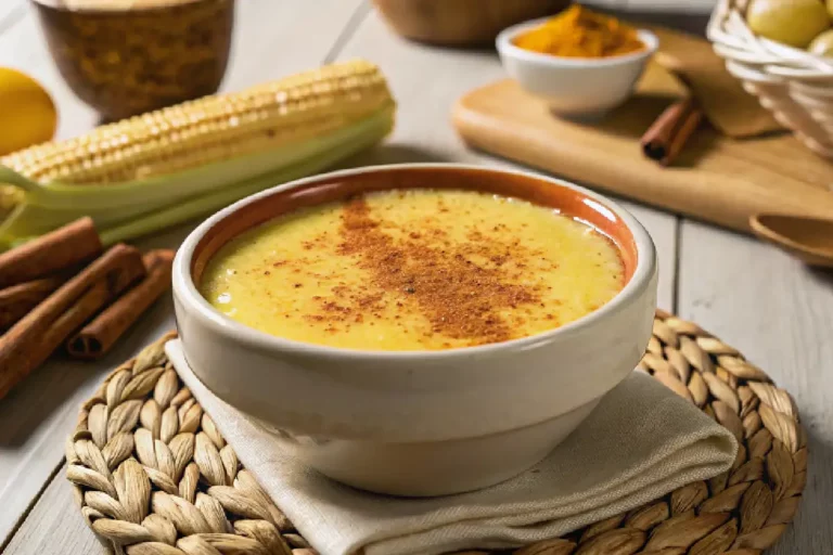 Curau cremoso de milho verde com canela servido em tigela sobre mesa de madeira