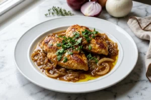 Filé de frango ao molho de cebola cremoso e dourado servido com arroz branco e salada