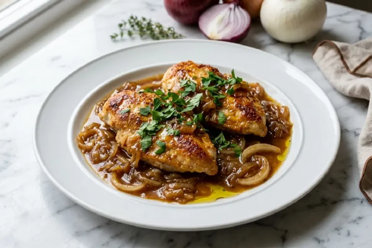 Filé de frango ao molho de cebola cremoso e dourado servido com arroz branco e salada