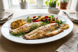 Filé de peixe grelhado suculento com limão e ervas frescas