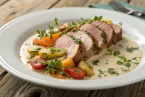 Filé mignon de porco suculento grelhado, temperado com especiarias, servido com molho e acompanhamento sofisticado.