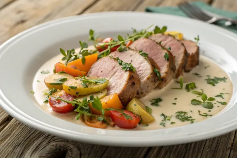 Filé mignon de porco suculento grelhado, temperado com especiarias, servido com molho e acompanhamento sofisticado.