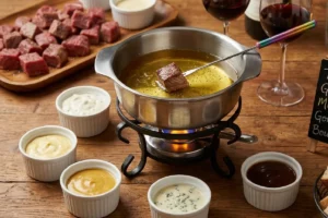 Mesa de fondue de carne com rechaud de inox com chama ativa, garfinho com cubo de filé mignon dourado mergulhado no óleo e cinco ramequins de cerâmica com molhos diferentes ao redor, em atmosfera íntima e aconchegante de jantar especial.