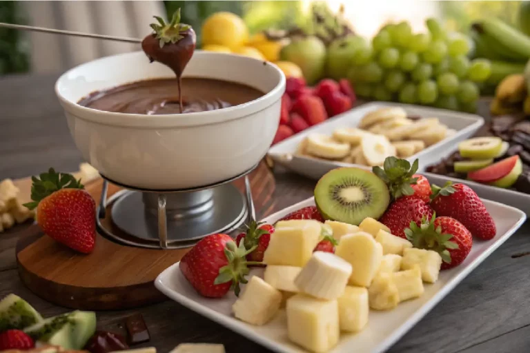 Fondue de frutas com chocolate cremoso servido com morangos, banana e kiwi.