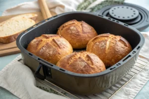 Pão caseiro dourado e crocante preparado na airfryer, fatiado para servir.