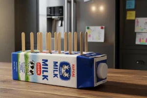 Picolé caseiro na caixinha de leite cremoso colorido de frutas, palito de madeira visível, sobremesa gelada prática de verão.