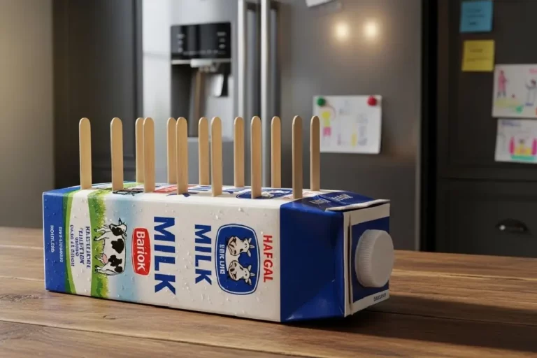 Picolé caseiro na caixinha de leite cremoso colorido de frutas, palito de madeira visível, sobremesa gelada prática de verão.