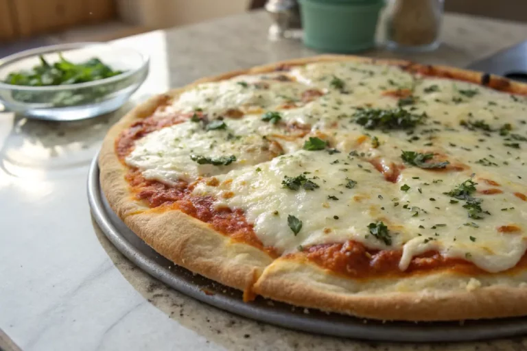 Pizza caseira de queijo com massa dourada, queijo mussarela derretido e orégano por cima