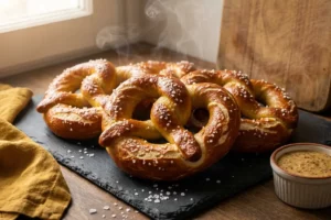 Pretzels caseiros dourados e brilhantes com sal grosso sobre tábua escura, recém-saídos do forno