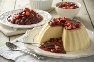 Pudim de chocolate branco cremoso claro com geleia de morango vermelha brilhante, textura lisa e fatiado em prato branco.​​