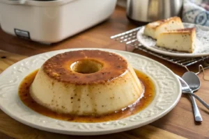 Pudim cremoso feito na Airfryer, com superfície dourada e textura suave, servido em prato branco.