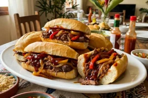 Sanduíche de carne louca com carne desfiada suculenta e molho caseiro