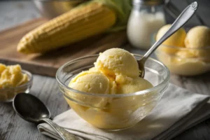 Sorvete de milho verde caseiro cremoso servido em taça de vidro