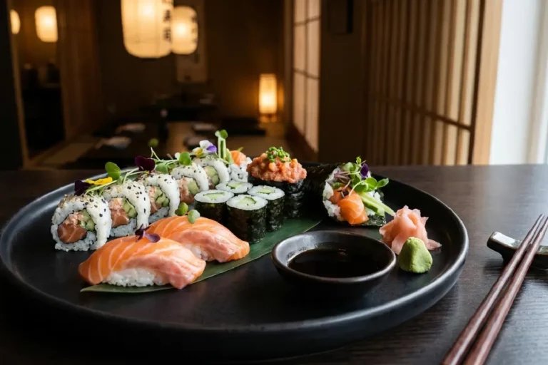 Sushi japonês tradicional servido em bandeja elegante
