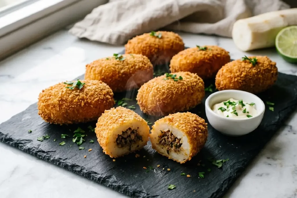 Bolinhos de aipim crocantes e dourados cortados ao meio mostrando recheio de queijo derretido