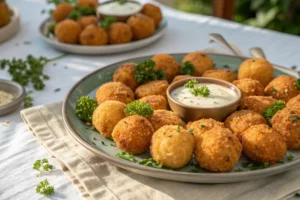 Bolinho de batata doce dourado e crocante por fora, macio por dentro, servido em prato rústico com ervas frescas.