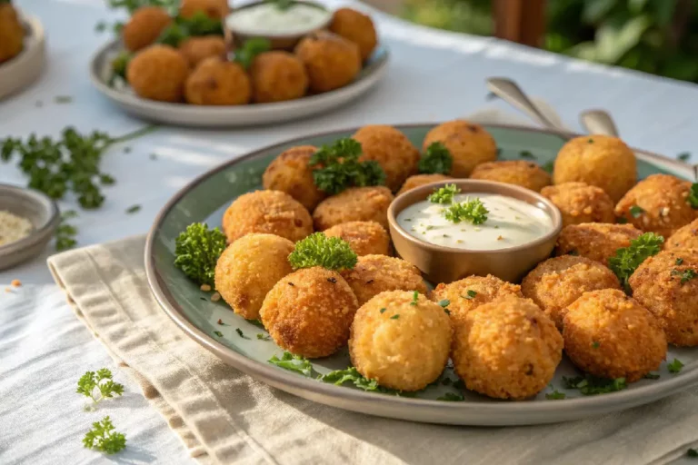 Bolinho de batata doce dourado e crocante por fora, macio por dentro, servido em prato rústico com ervas frescas.