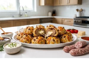 Bolinho de linguiça com queijo crocante