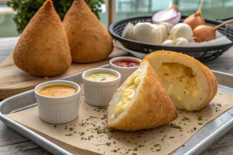 Coxinha gigante de frango recheada com catupiry, empanada e dourada, servida em prato com maionese temperada.