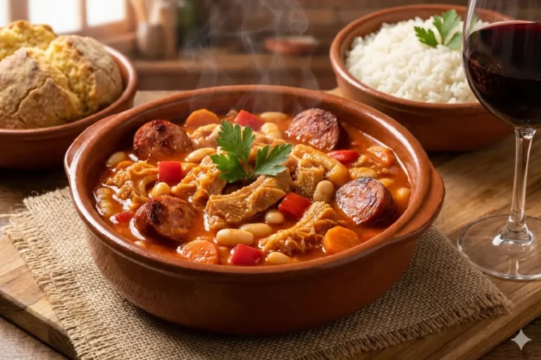 Tigela de barro com dobradinha tradicional portuguesa mostrando tripas macias em molho de tomate com linguiça e feijão branco