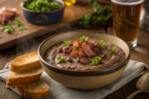 Tigela de feijão amigo cremoso com linguiça e cheiro-verde.