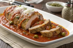 Lagarto recheado ao molho italiano suculento fatiado, recheio de legumes e calabresa visível, molho vermelho rústico na travessa.