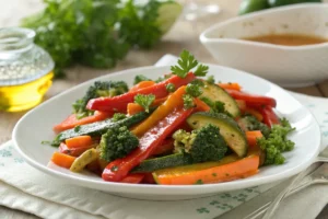 Legumes variados salteados na manteiga, com cenoura, abobrinha, pimentão e brócolis, servidos em prato branco﻿.