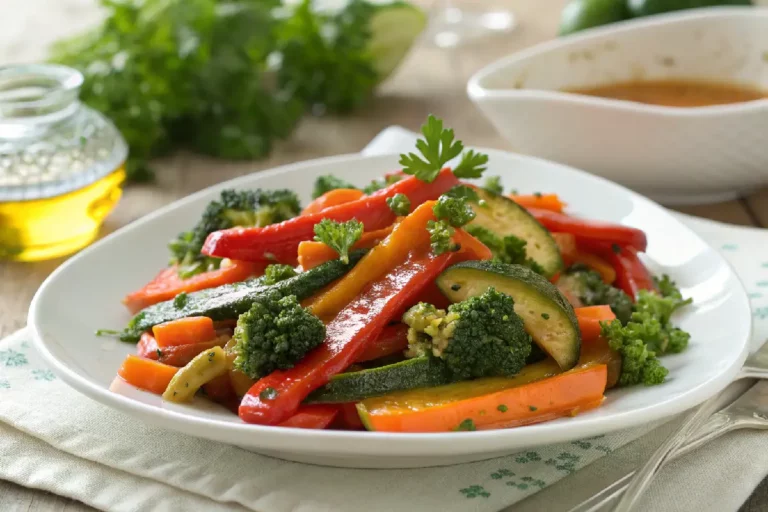 Legumes variados salteados na manteiga, com cenoura, abobrinha, pimentão e brócolis, servidos em prato branco﻿.