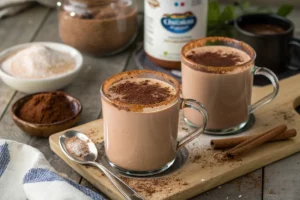 Xícara de leite Ninho queimado quente, cremoso e dourado, servido com espuma leve na superfície.