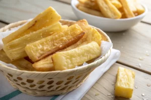Porção de macaxeira frita crocante preparada na airfryer, servida em prato rústico.