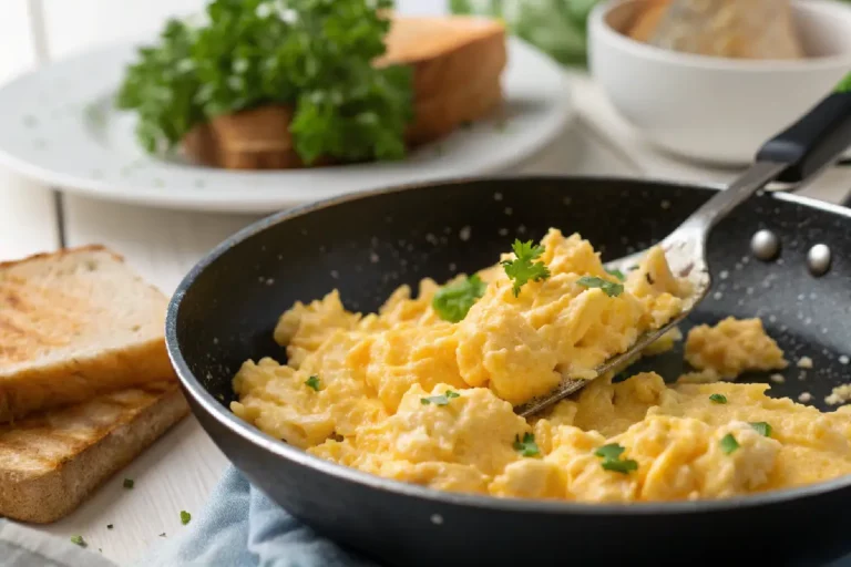 Ovos mexidos cremosos, dourados e fofos, servidos em prato branco com cebolinha picada.