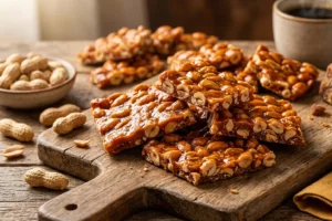 Pedaços de pé de moleque caseiro com amendoim e rapadura sobre tábua de madeira rústica com brilho de caramelo dourado