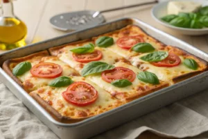 Pizza de pão de forma assada com molho de tomate, queijo derretido, orégano e pepperoni, fatias douradas em assadeira redonda.