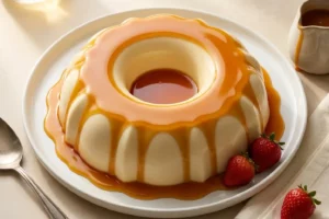 Pudim sem forno e sem ovos desenformado em prato branco com calda de caramelo dourada escorrendo pelas laterais