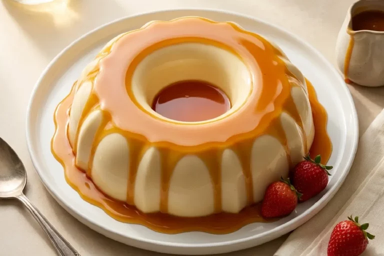 Pudim sem forno e sem ovos desenformado em prato branco com calda de caramelo dourada escorrendo pelas laterais