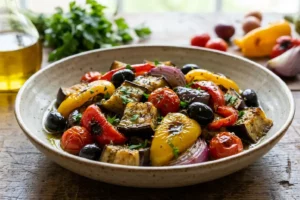Salada de berinjela assada colorida e saudável