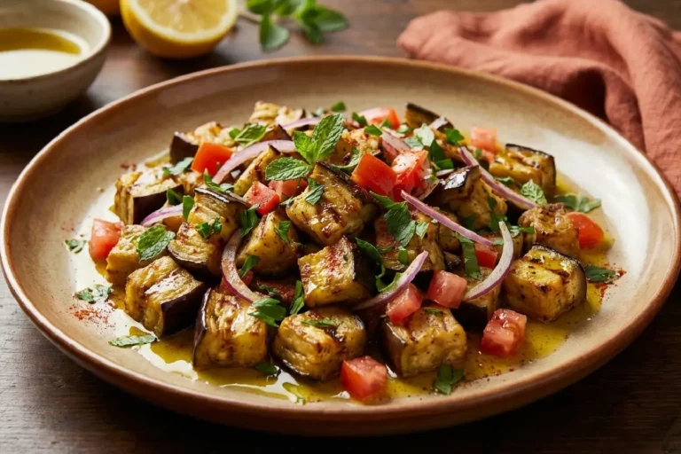 Salada de berinjela grelhada temperada com azeite, alho, tomate e ervas frescas servida em prato de cerâmica rústico