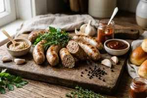 Salsicha caseira artesanal feita com ingredientes frescos