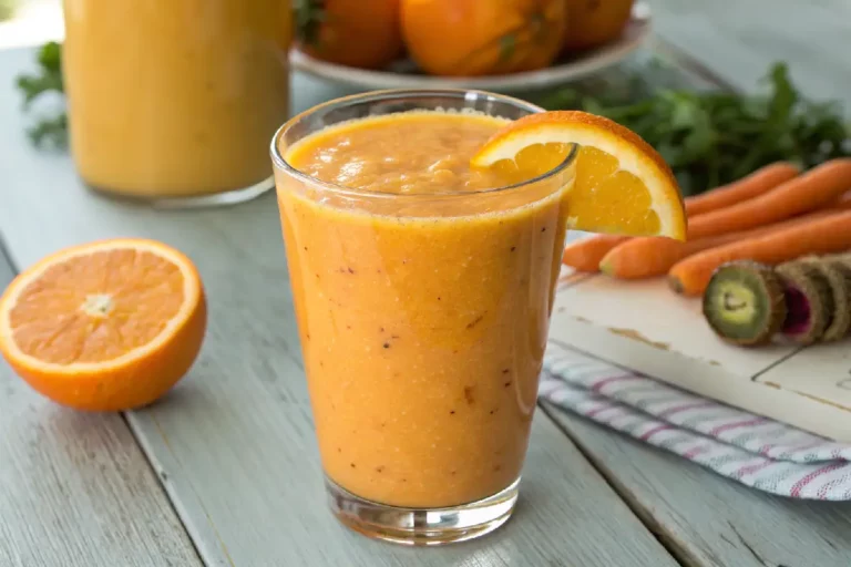 Copo de smoothie laranja cremoso feito com laranja fresca e cenoura ralada