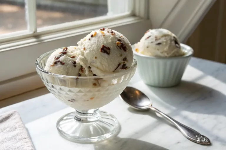 Sorvete de flocos caseiro cremoso com pedaços de cereal crocante, toppado com chocolate, em taça gelada refrescante.