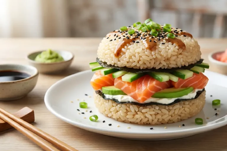 Sushi burger com salmão, arroz japonês e avocado